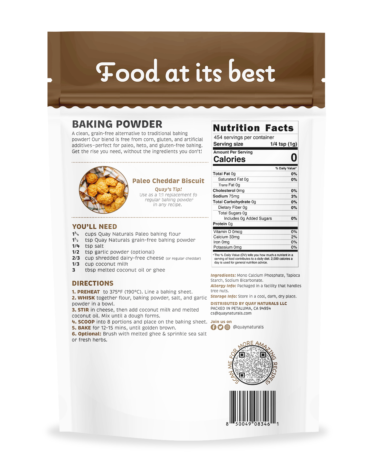 Back of a Quay Naturals baking powder package with nutrition facts and usage instructions.