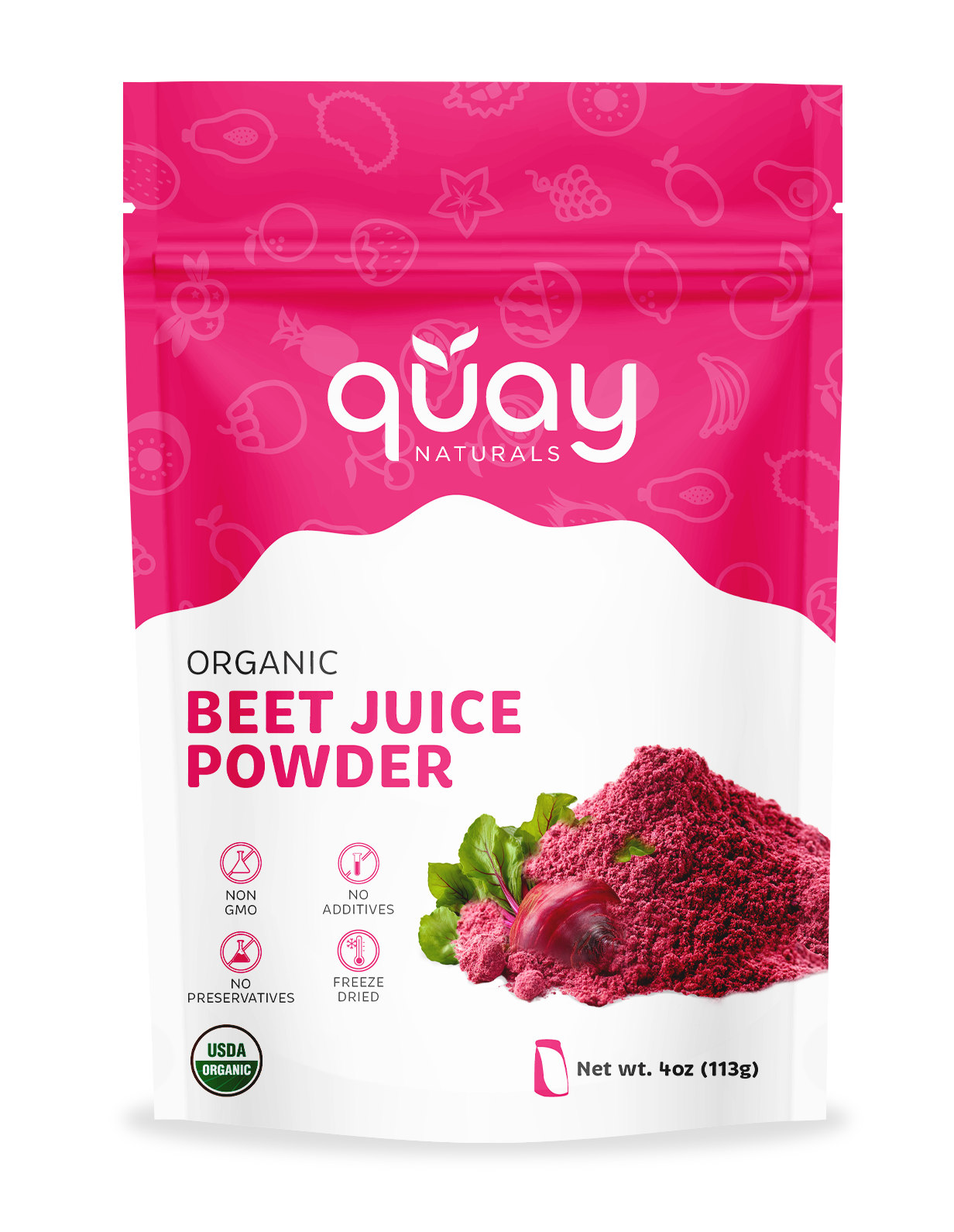 Quay Naturals Organic Beet Juice Powder packaging with pink and white design.