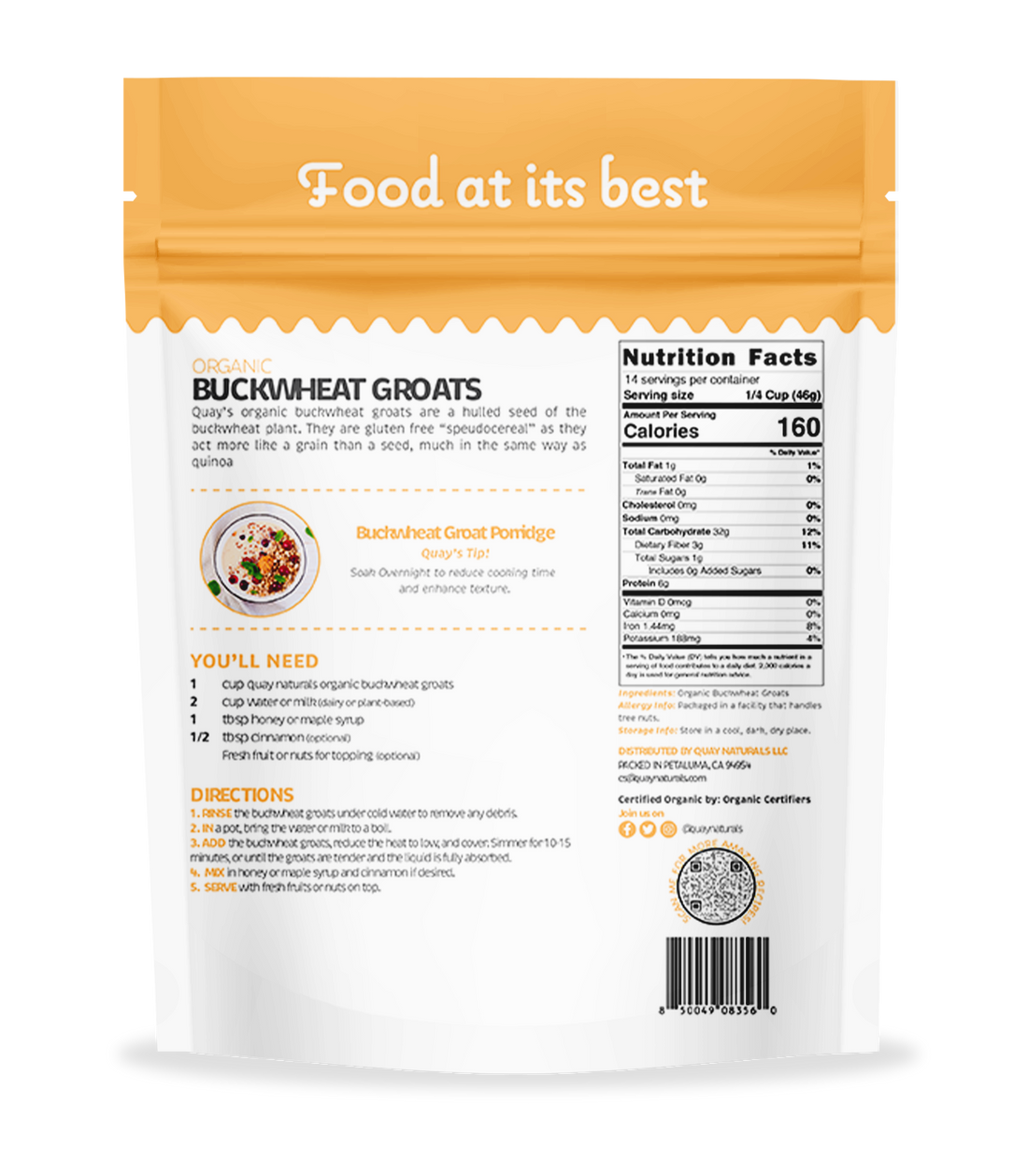 Package of Quay Organic Buckwheat Groats front side on a white background