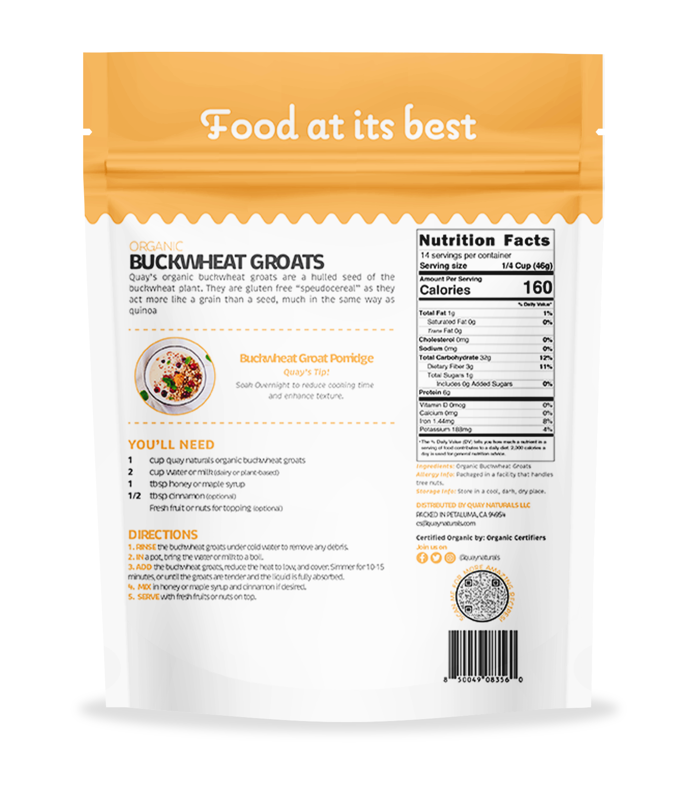 Buckwheat groats packaging with nutritional information and ingredients list on a white background
