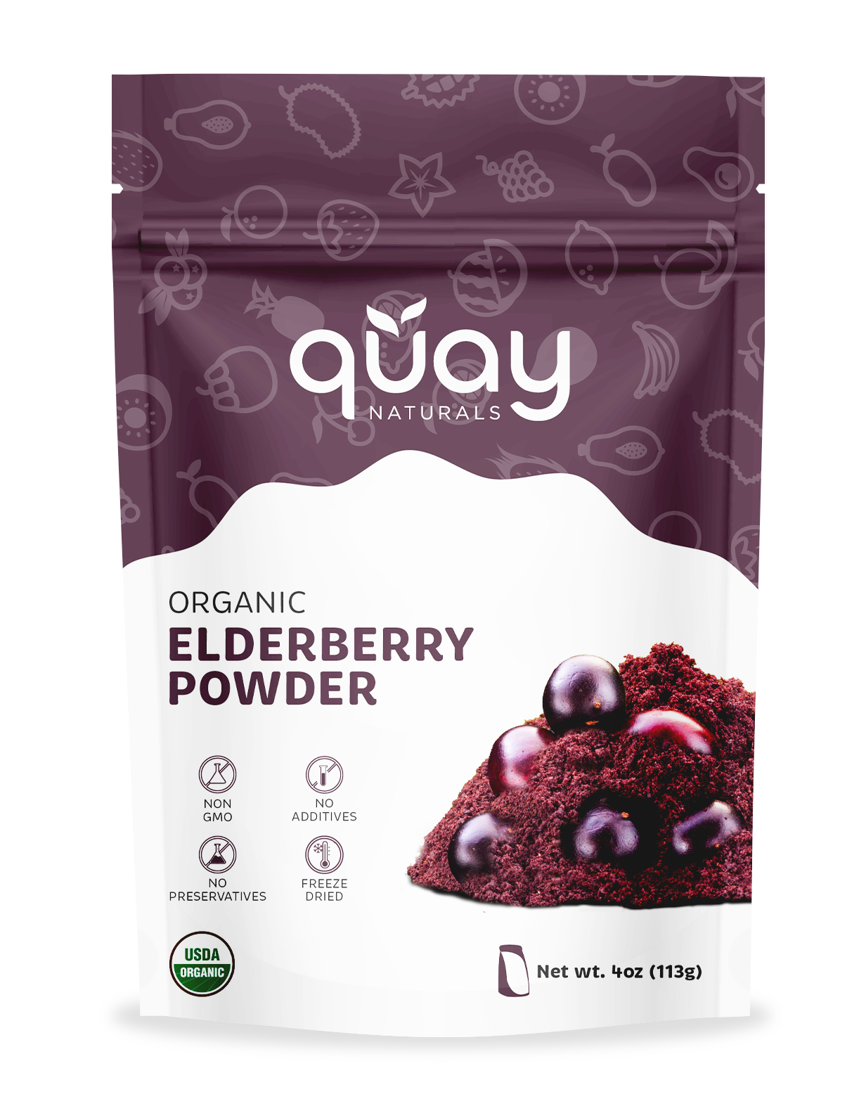 Package of quáy Naturals Organic Elderberry Powder on a white background