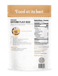 Back side of Quay Naturals organic ground flax seed Package with nutrition facts and usage instructions.