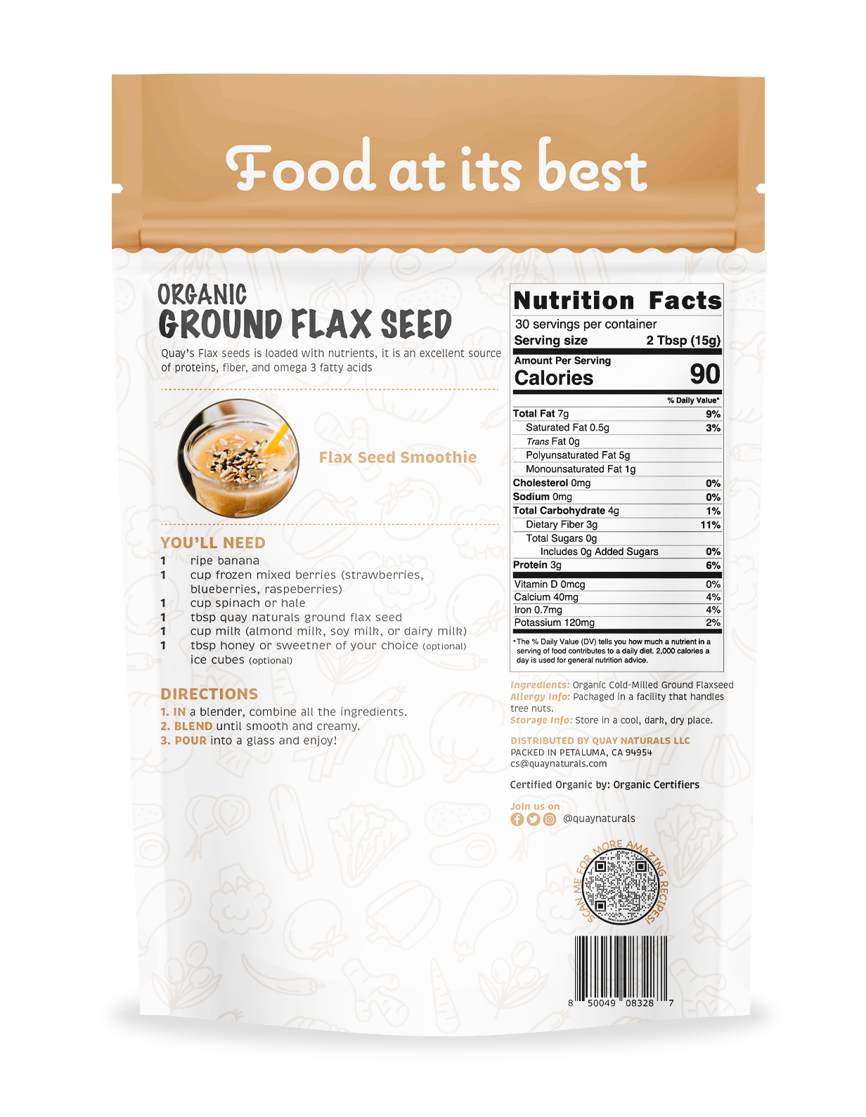 Back side of Quay Naturals organic ground flax seed Package with nutrition facts and usage instructions.