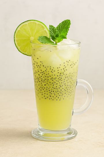 Glass of lemonade with chia seeds, garnished with a lime and mint leaf, on a light background.