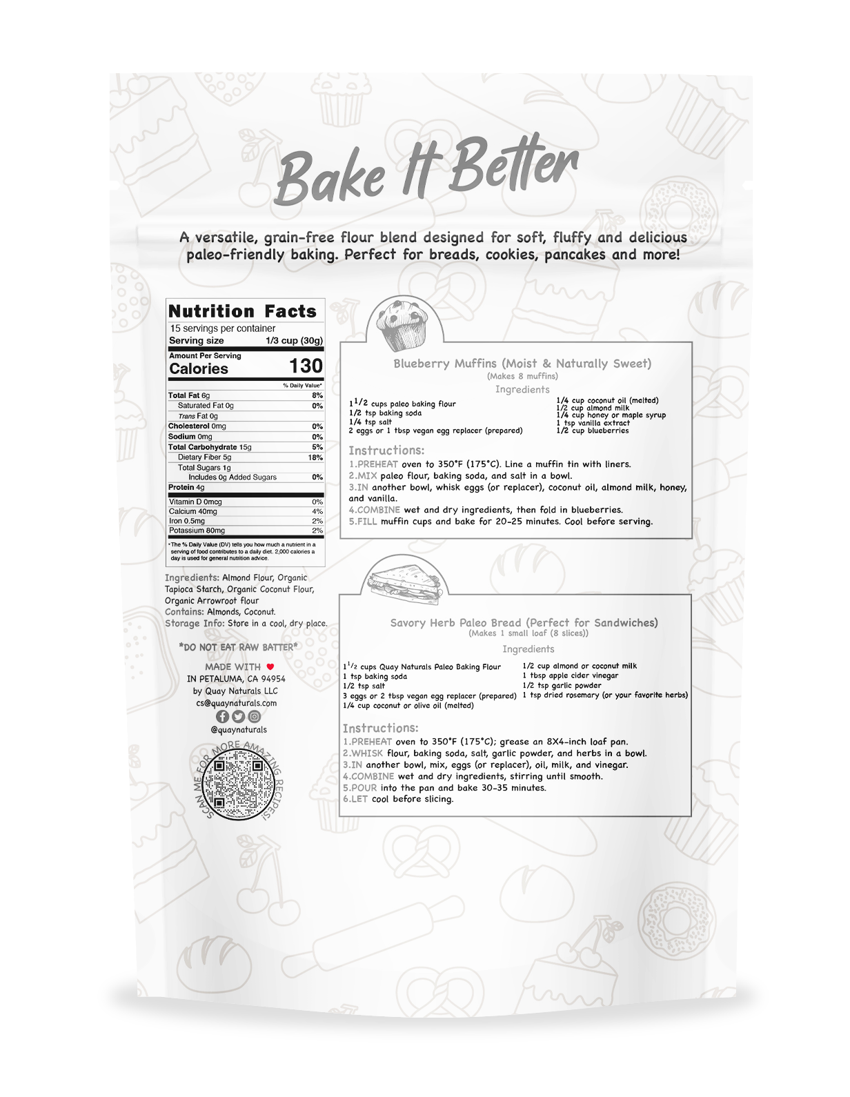 Bake It Better flour package with nutritional information and recipes on a white background