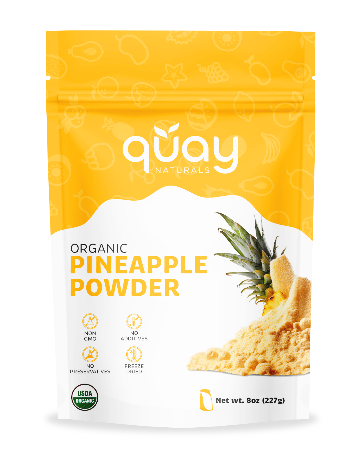 Package of quay Naturals Organic Pineapple Powder with pineapple illustration on a white background