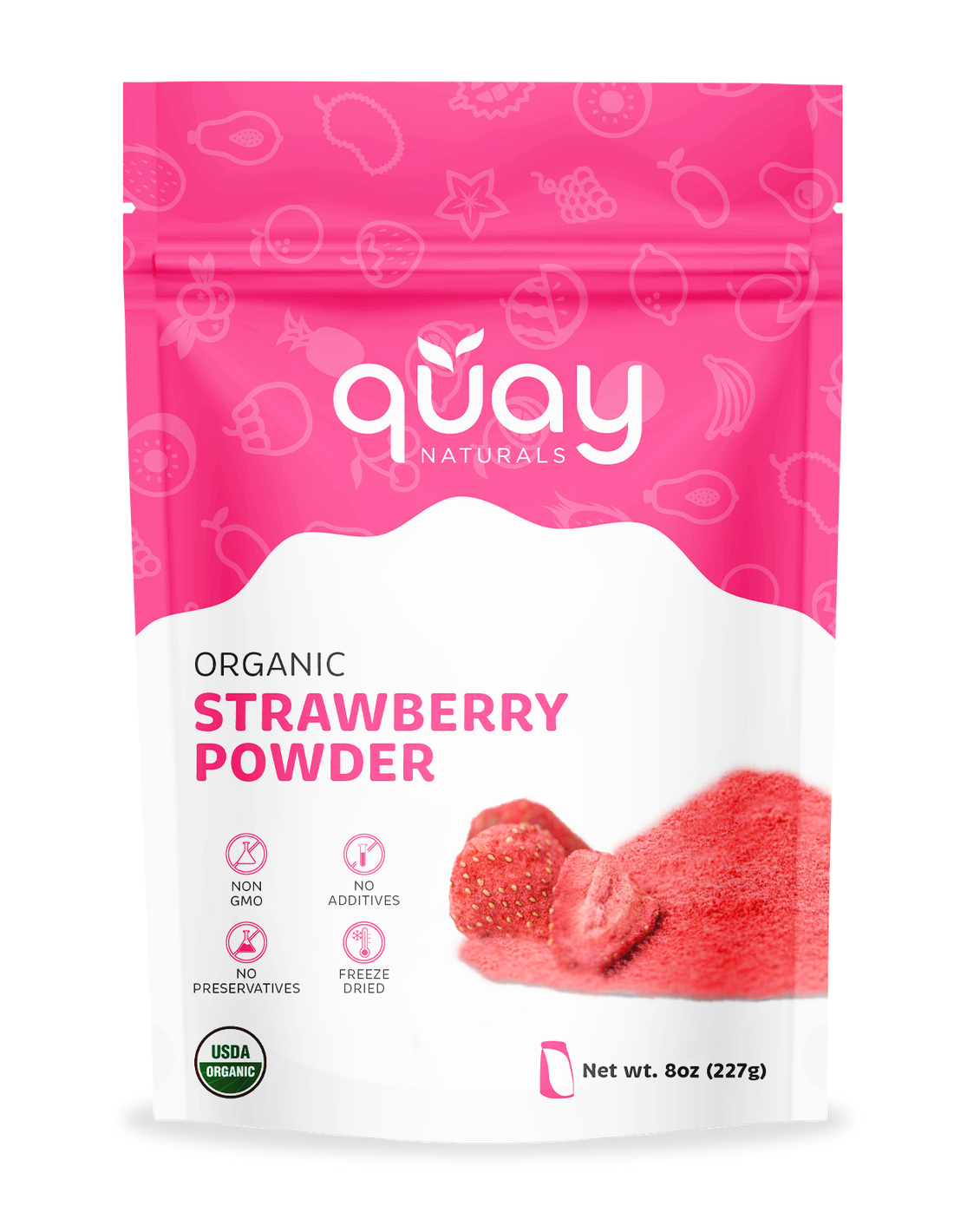 Package of quay Naturals Organic Strawberry Powder with pink and white design.