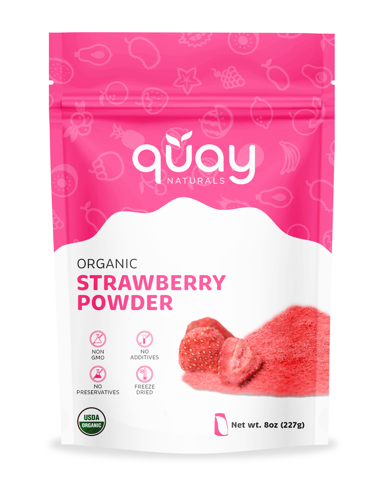Package of quay Naturals Organic Strawberry Powder with pink and white design.