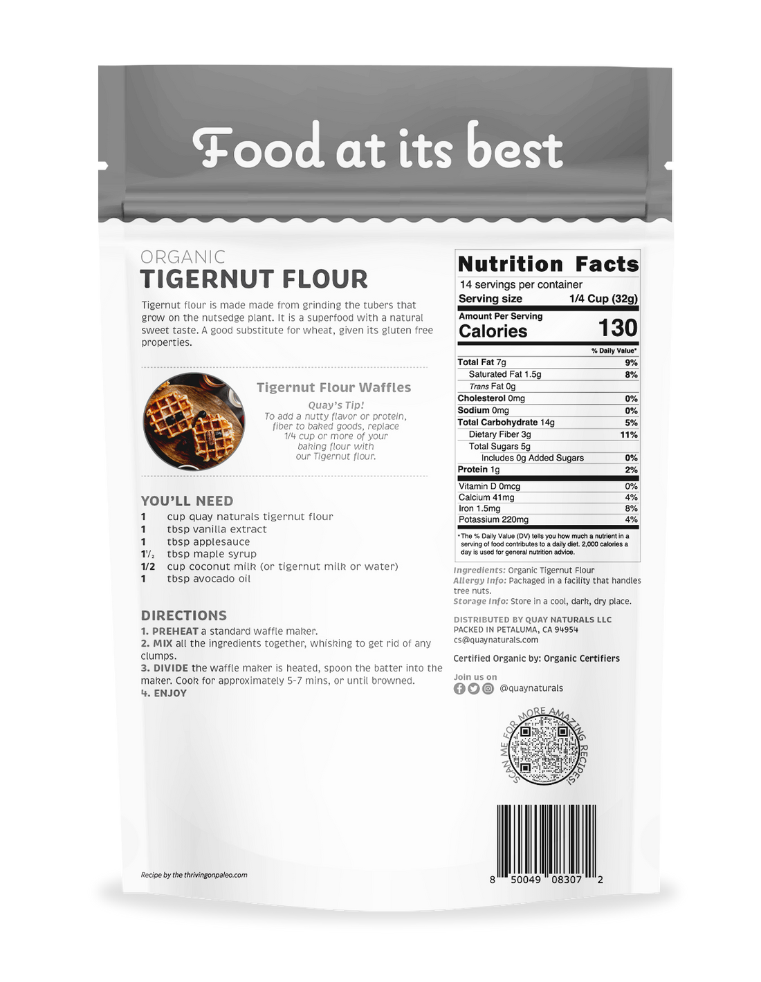 Quay Organic Tigernut Flour packaging front side on a white background